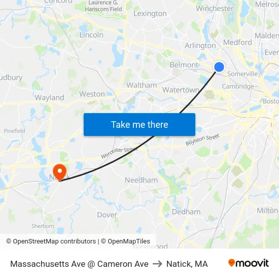 Massachusetts Ave @ Cameron Ave to Natick, MA map