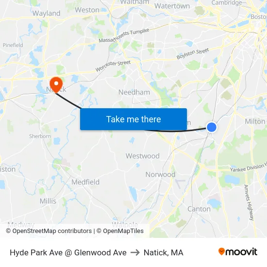 Hyde Park Ave @ Glenwood Ave to Natick, MA map