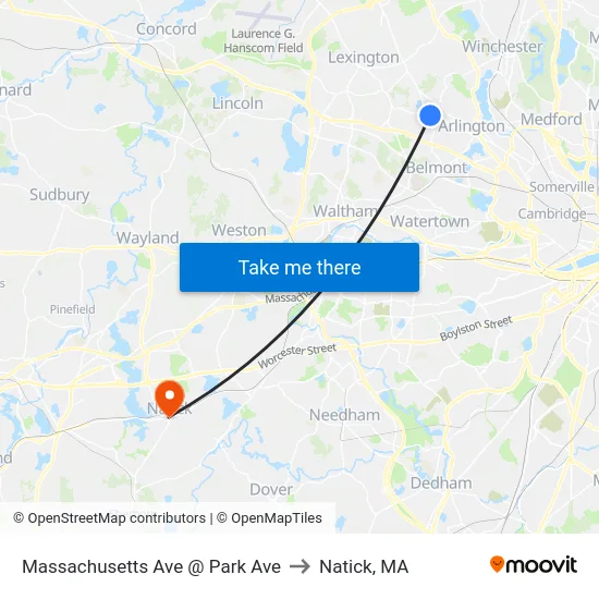 Massachusetts Ave @ Park Ave to Natick, MA map
