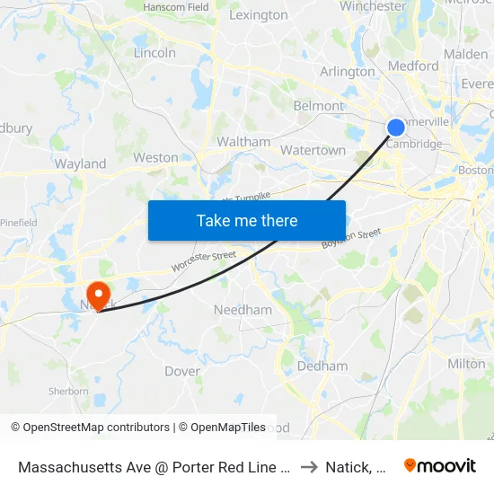 Massachusetts Ave @ Porter Red Line Sta to Natick, MA map