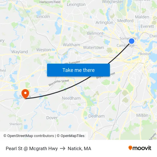 Pearl St @ Mcgrath Hwy to Natick, MA map