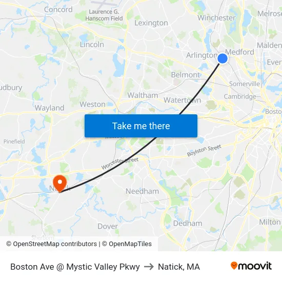 Boston Ave @ Mystic Valley Pkwy to Natick, MA map