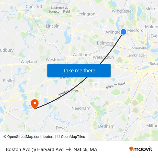 Boston Ave @ Harvard Ave to Natick, MA map