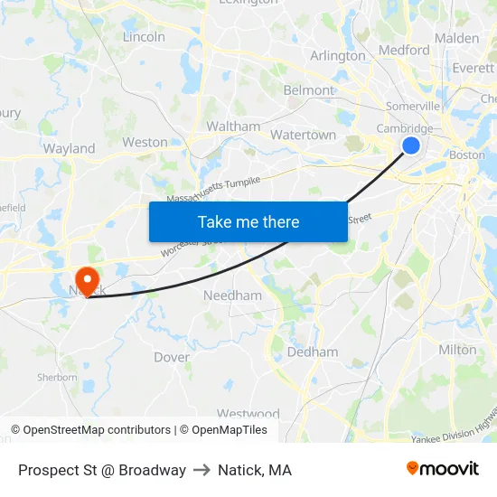 Prospect St @ Broadway to Natick, MA map