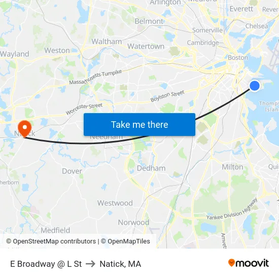 E Broadway @ L St to Natick, MA map
