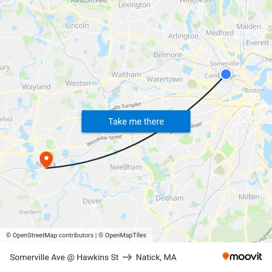 Somerville Ave @ Hawkins St to Natick, MA map