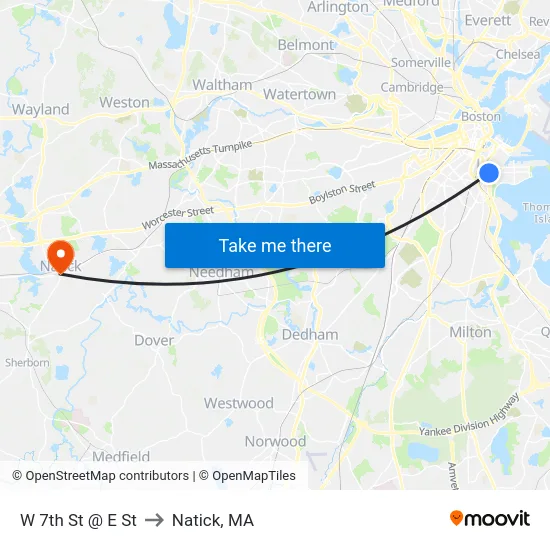 W 7th St @ E St to Natick, MA map