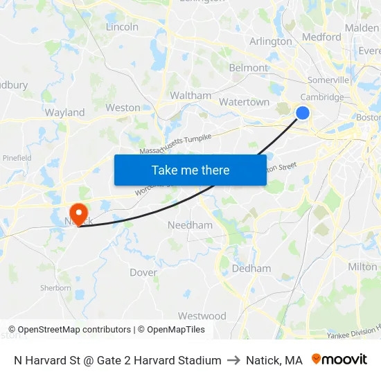 N Harvard St @ Gate 2 Harvard Stadium to Natick, MA map