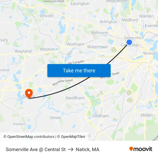 Somerville Ave @ Central St to Natick, MA map
