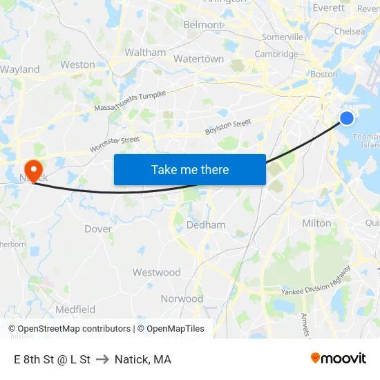 E 8th St @ L St to Natick, MA map