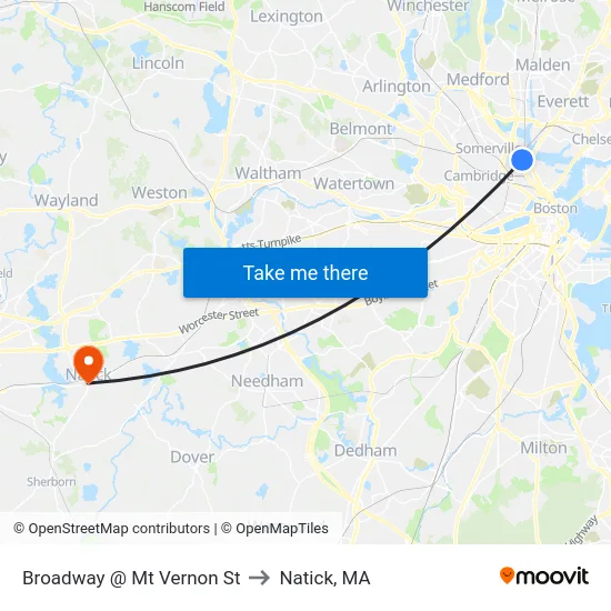 Broadway @ Mt Vernon St to Natick, MA map