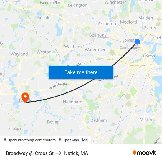 Broadway @ Cross St to Natick, MA map