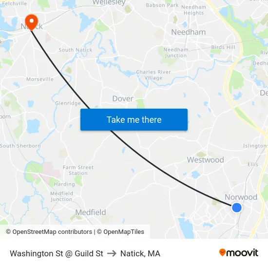 Washington St @ Guild St to Natick, MA map