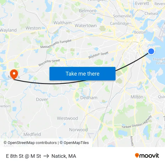 E 8th St @ M St to Natick, MA map