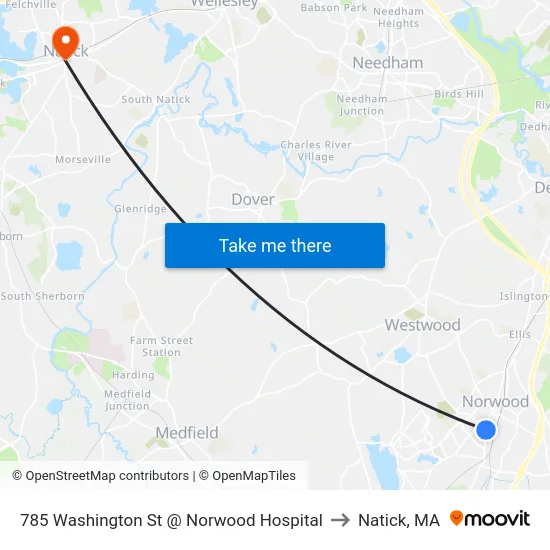 785 Washington St @ Norwood Hospital to Natick, MA map