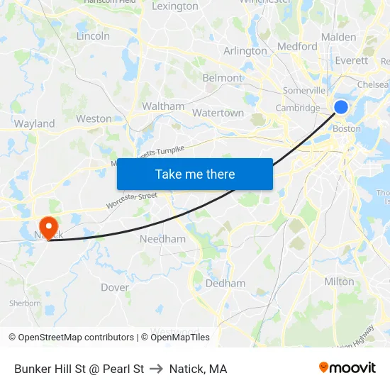 Bunker Hill St @ Pearl St to Natick, MA map