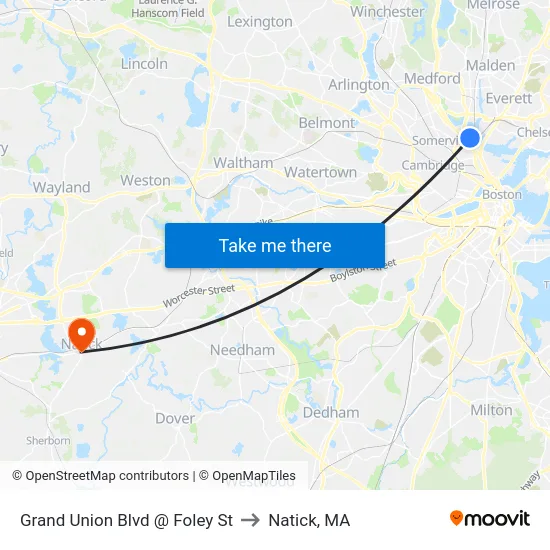 Grand Union Blvd @ Foley St to Natick, MA map