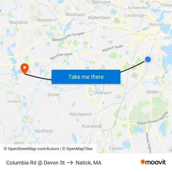 Columbia Rd @ Devon St to Natick, MA map