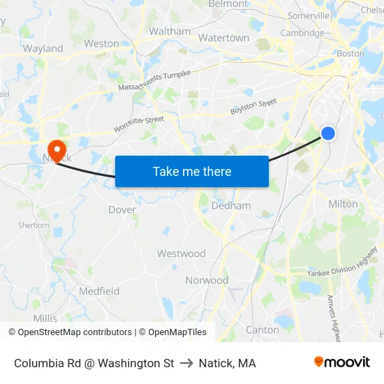 Columbia Rd @ Washington St to Natick, MA map