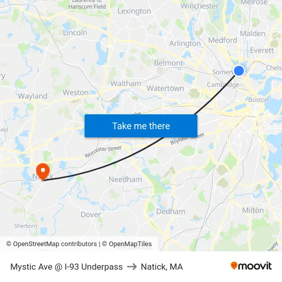 Mystic Ave @ I-93 Underpass to Natick, MA map
