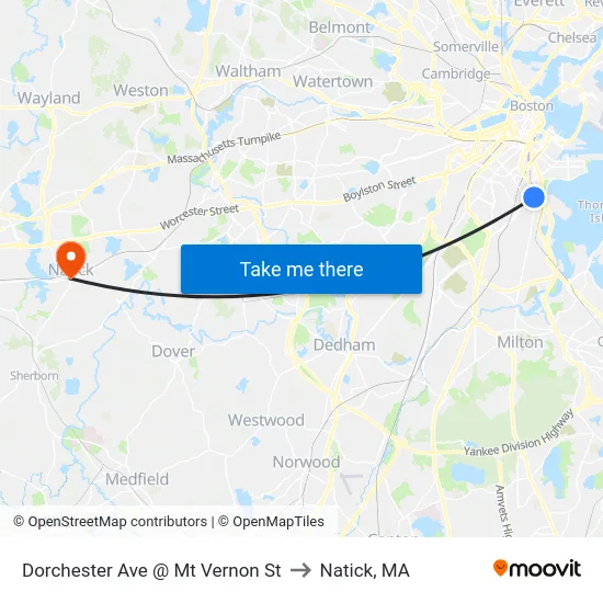 Dorchester Ave @ Mt Vernon St to Natick, MA map
