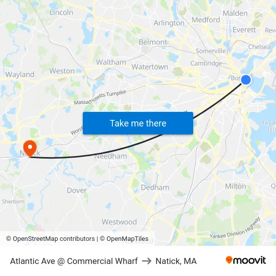 Atlantic Ave @ Commercial Wharf to Natick, MA map