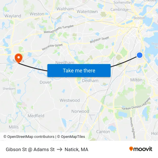 Gibson St @ Adams St to Natick, MA map