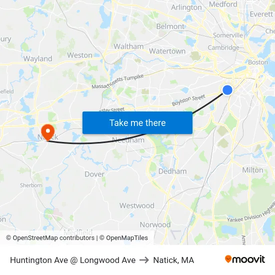 Huntington Ave @ Longwood Ave to Natick, MA map