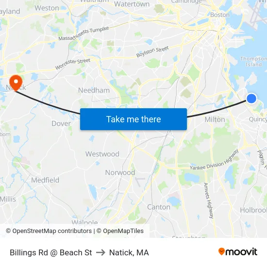 Billings Rd @ Beach St to Natick, MA map