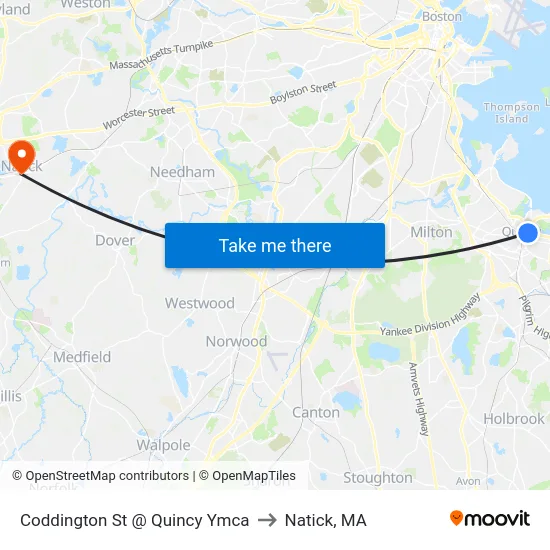 Coddington St @ Quincy Ymca to Natick, MA map