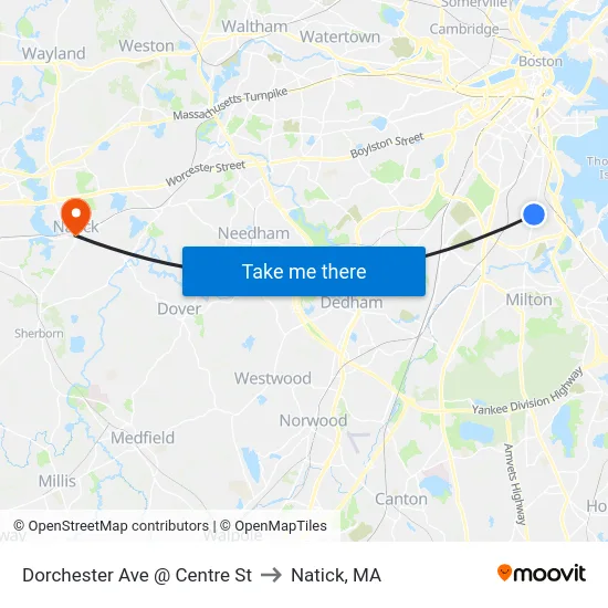 Dorchester Ave @ Centre St to Natick, MA map
