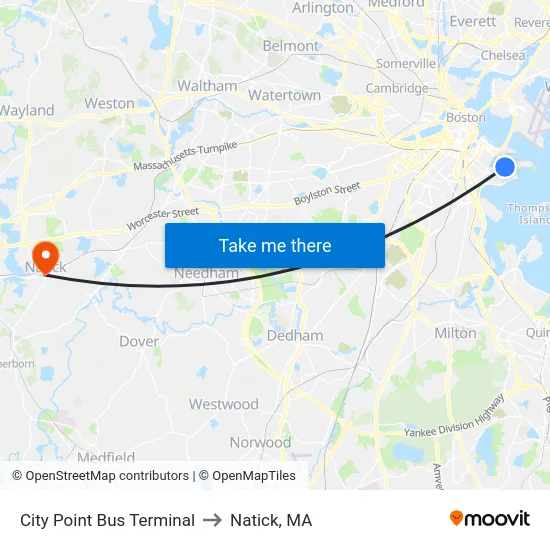 City Point Bus Terminal to Natick, MA map