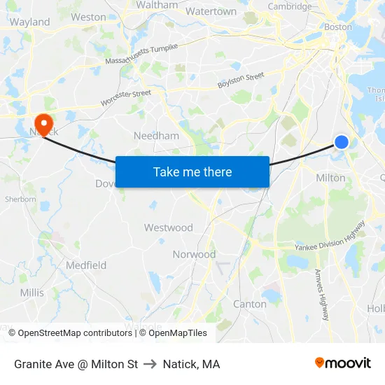 Granite Ave @ Milton St to Natick, MA map