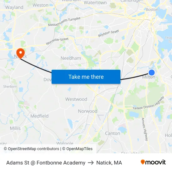 Adams St @ Fontbonne Academy to Natick, MA map