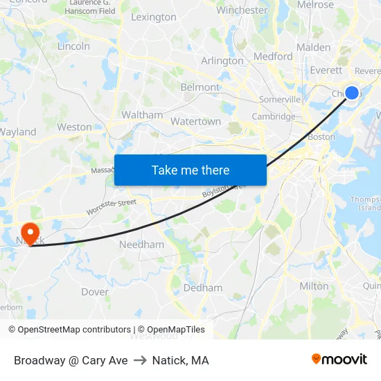 Broadway @ Cary Ave to Natick, MA map