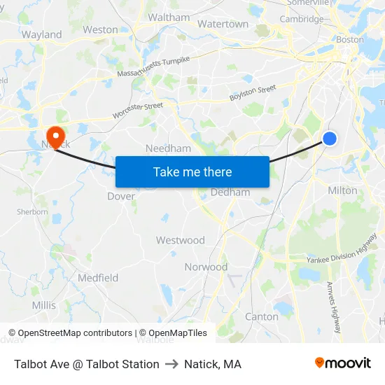 Talbot Ave @ Talbot Station to Natick, MA map