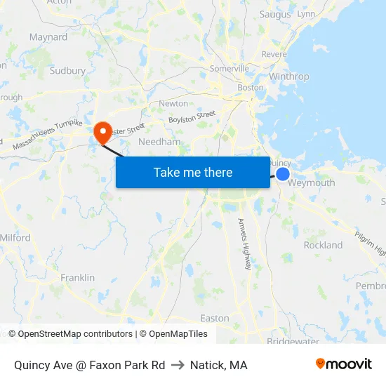 Quincy Ave @ Faxon Park Rd to Natick, MA map