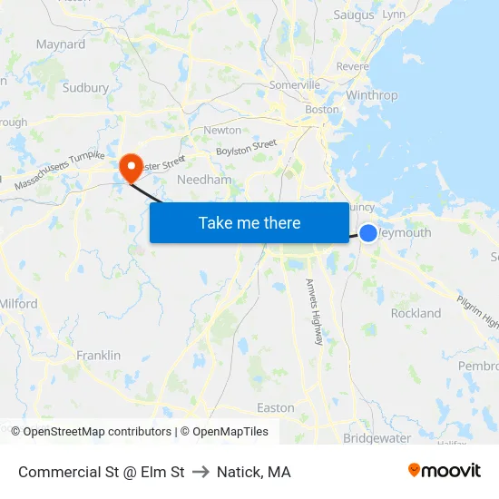 Commercial St @ Elm St to Natick, MA map