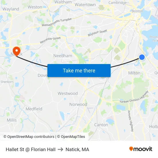Hallet St @ Florian Hall to Natick, MA map