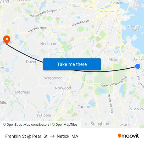 Franklin St @ Pearl St to Natick, MA map