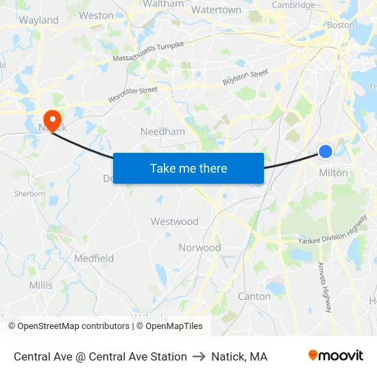 Central Ave @ Central Ave Station to Natick, MA map