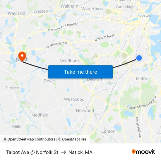 Talbot Ave @ Norfolk St to Natick, MA map