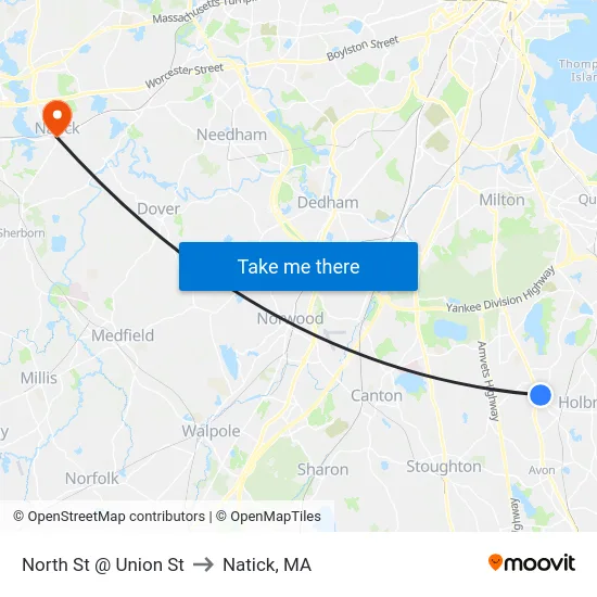 North St @ Union St to Natick, MA map