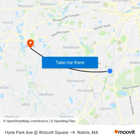 Hyde Park Ave @ Wolcott Square to Natick, MA map