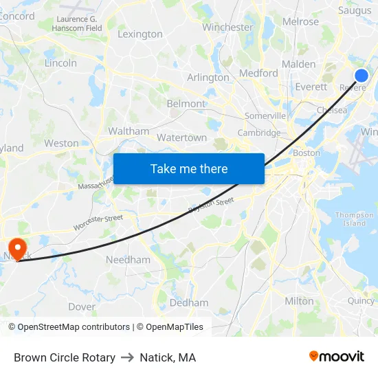 Brown Circle Rotary to Natick, MA map