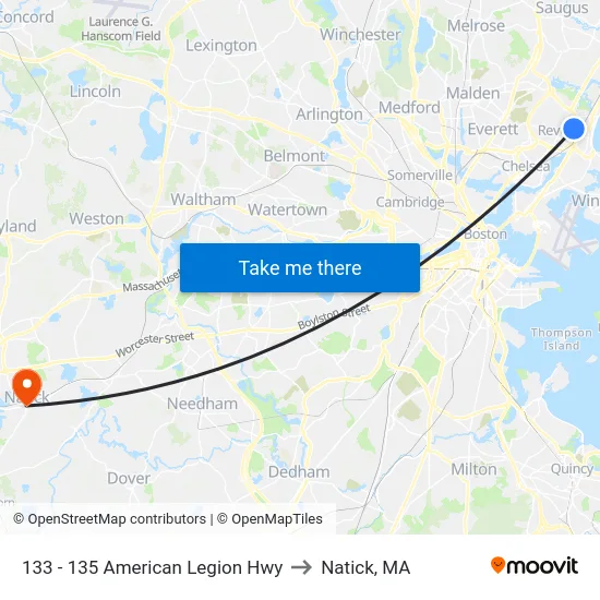 133 - 135 American Legion Hwy to Natick, MA map