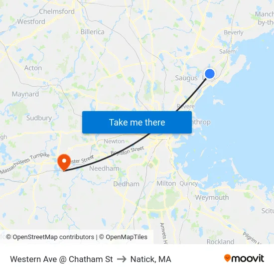 Western Ave @ Chatham St to Natick, MA map