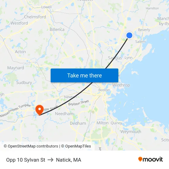 Opp 10 Sylvan St to Natick, MA map