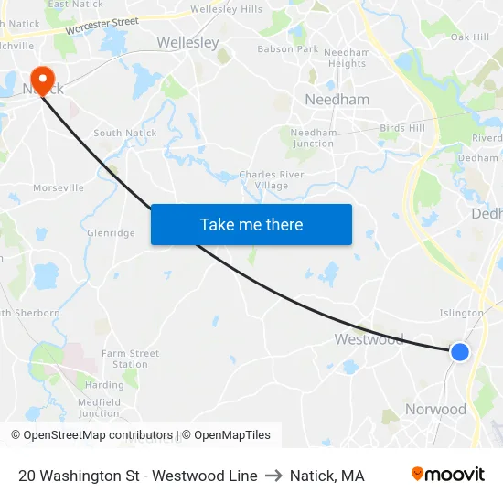 20 Washington St - Westwood Line to Natick, MA map