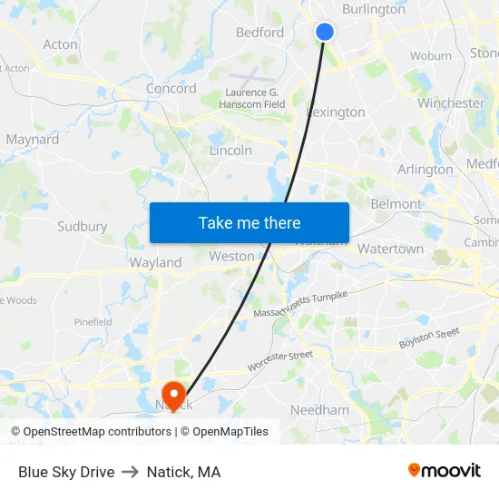 Blue Sky Drive to Natick, MA map